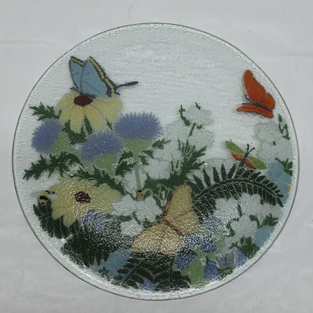 Peggy Karr Fused Art Glass Plate 11" Flowers Butterflies Spring Summer Decor - Picture 5 of 7